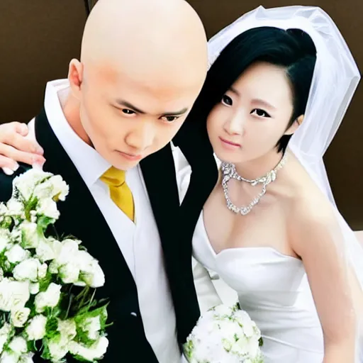 Image similar to saitama one punch man instagram couple's wedding photo shoot, closeup photo