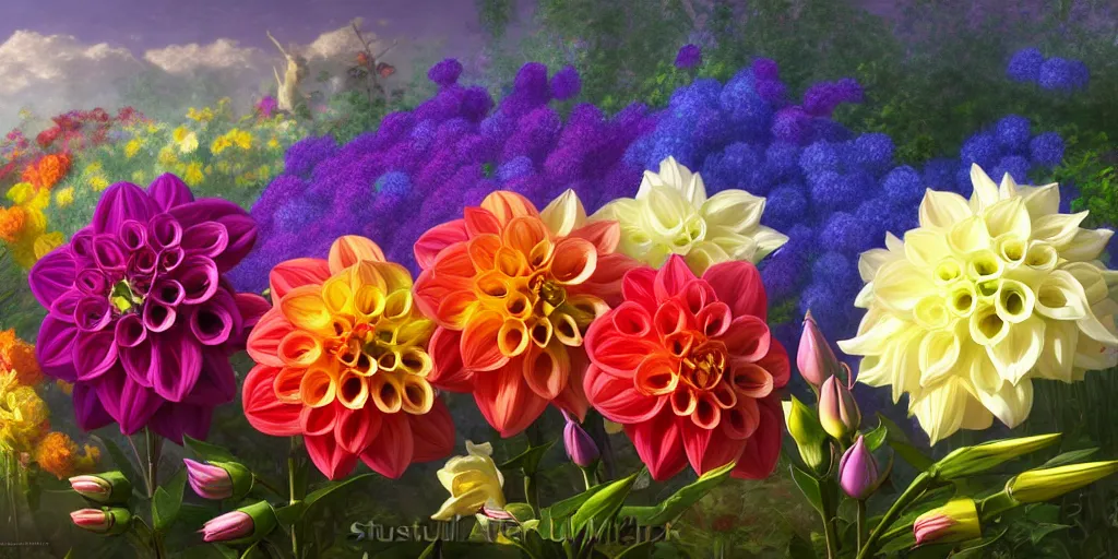 Image similar to multi color dahlia, delphinium, freesia, roses, gladiolus, pastel botanical painting, animal fairy, nature unique attractive, beautifully lit, by studio ghibli and albert bierstadt, 8 k volumetric lights unreal engine trending on art station