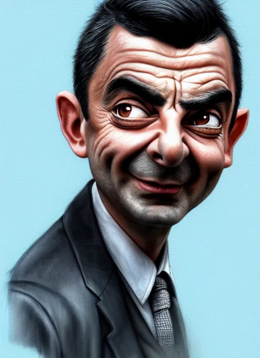 Prompt: highly detailed pencil sketch caricature portrait of mr bean gangster by ross tran, by greg rutkowski, brush strokes, 4 k resolution, light blue pastel background