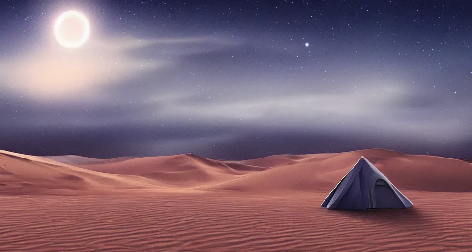 Image similar to hyper realistic matte painting of a small tent in the desert with dunes at night, blue color scheme, artstation, cgsociety