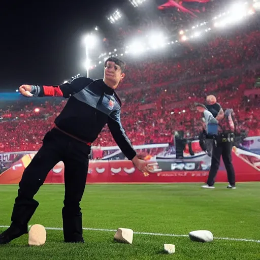 Image similar to robert lewandowski throwing rocks at the police