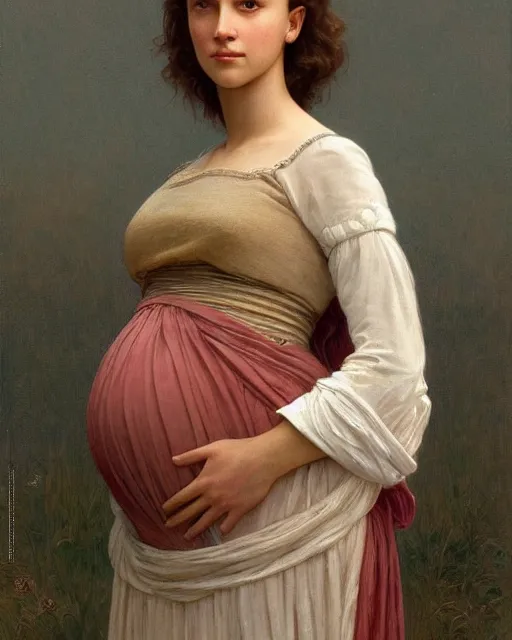 Prompt: a portrait painting of a shy, blushing alicia vikander or millie bobby brown, very pregnant, intricate, elegant, highly detailed, artstation, concept art, by krenz cushart and donato giancola and william adolph bouguereau and alphonse mucha