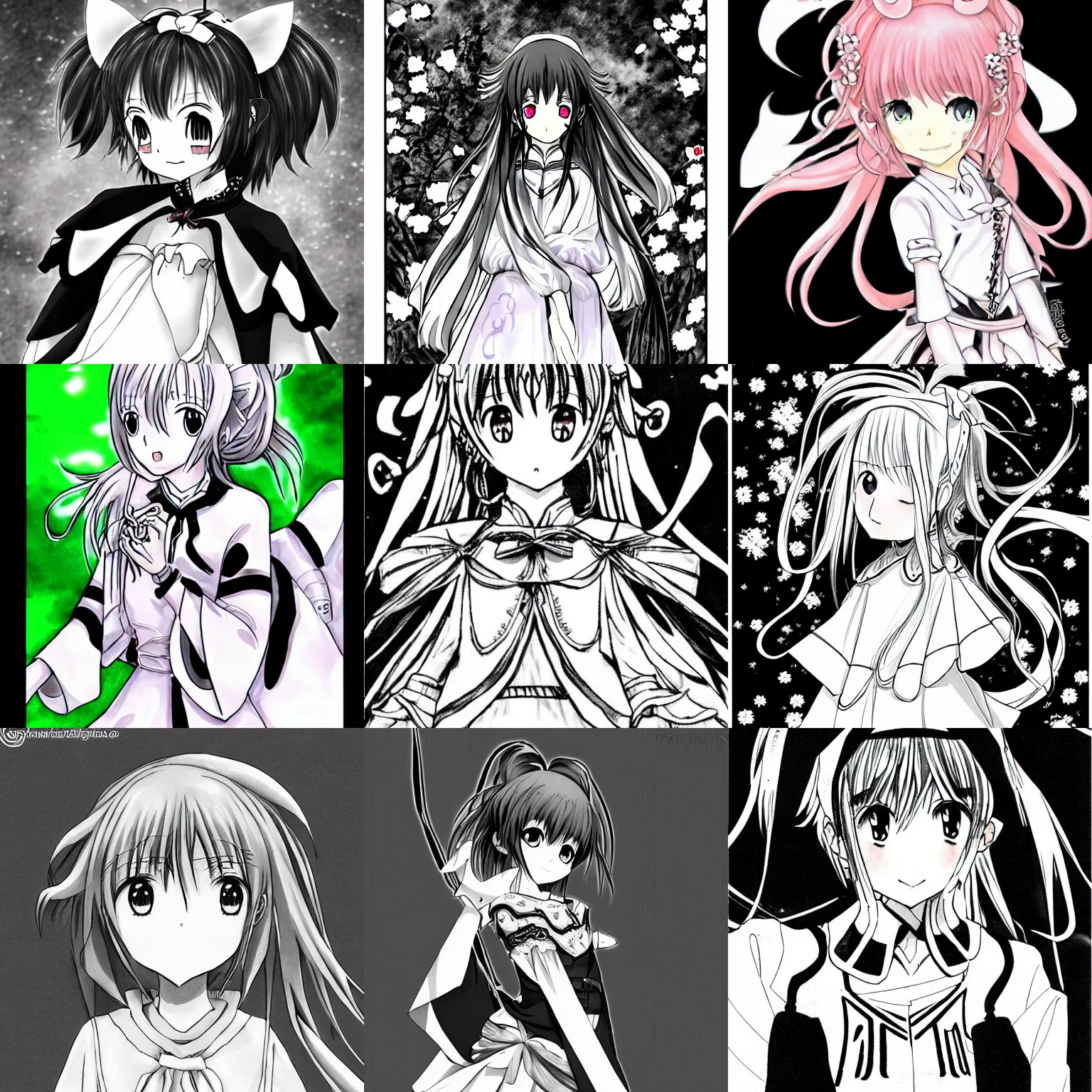 Image similar to sakura kinomoto, tsubasa chronicles, manga, clamp style, black and white