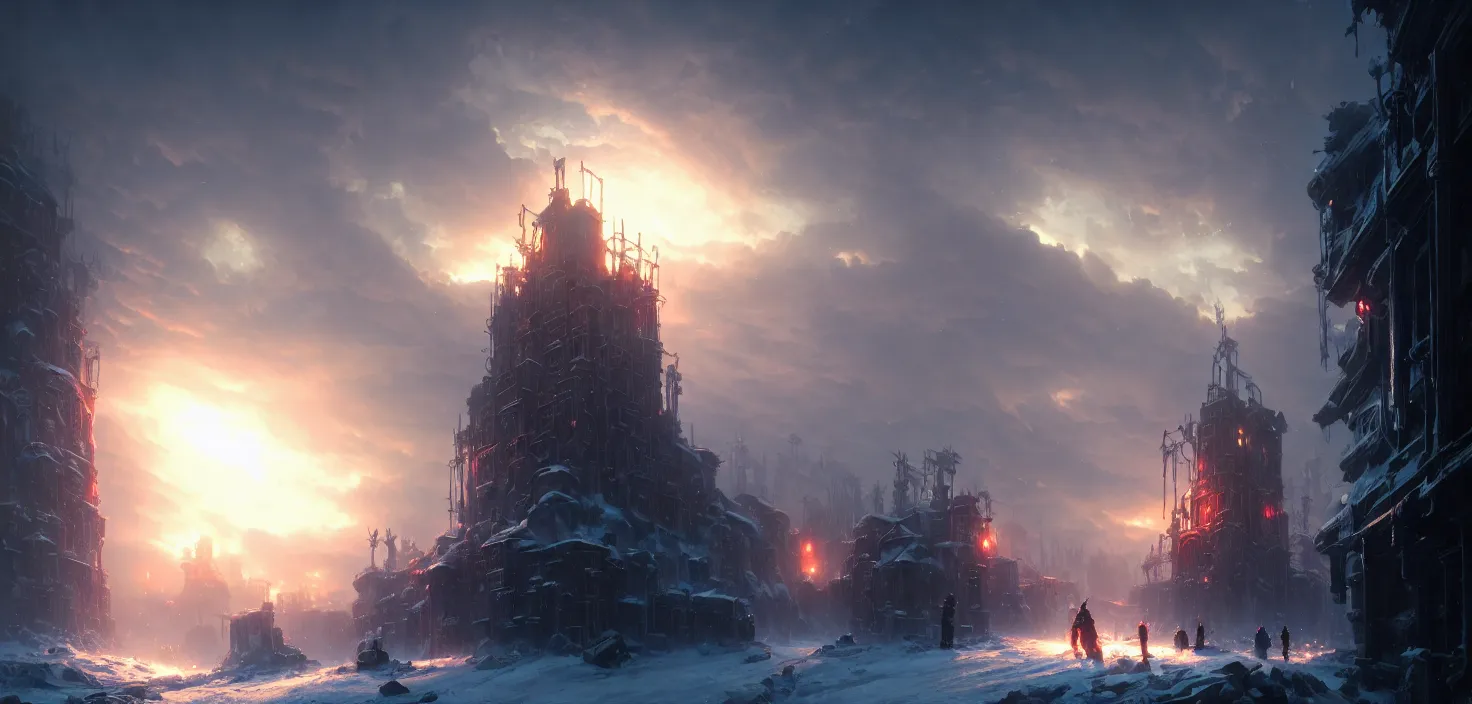 Prompt: frostpunk portal, cinematic view, epic sky, detailed, concept art, high detail, warm lighting, volumetric, godrays, vivid, beautiful, trending on artstation, by jordan grimmer, huge scene, art greg rutkowski