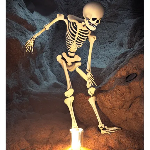 Image similar to a skeleton holding a latern in cave, hyper detailed, high quality, 8k, fantasy