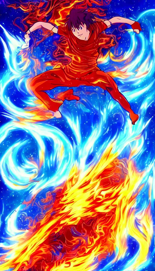 Image similar to a high quality anime still of fire and water mixing together, conveying a sense of balance inspired by the Temperance tarot card psychedelic ,