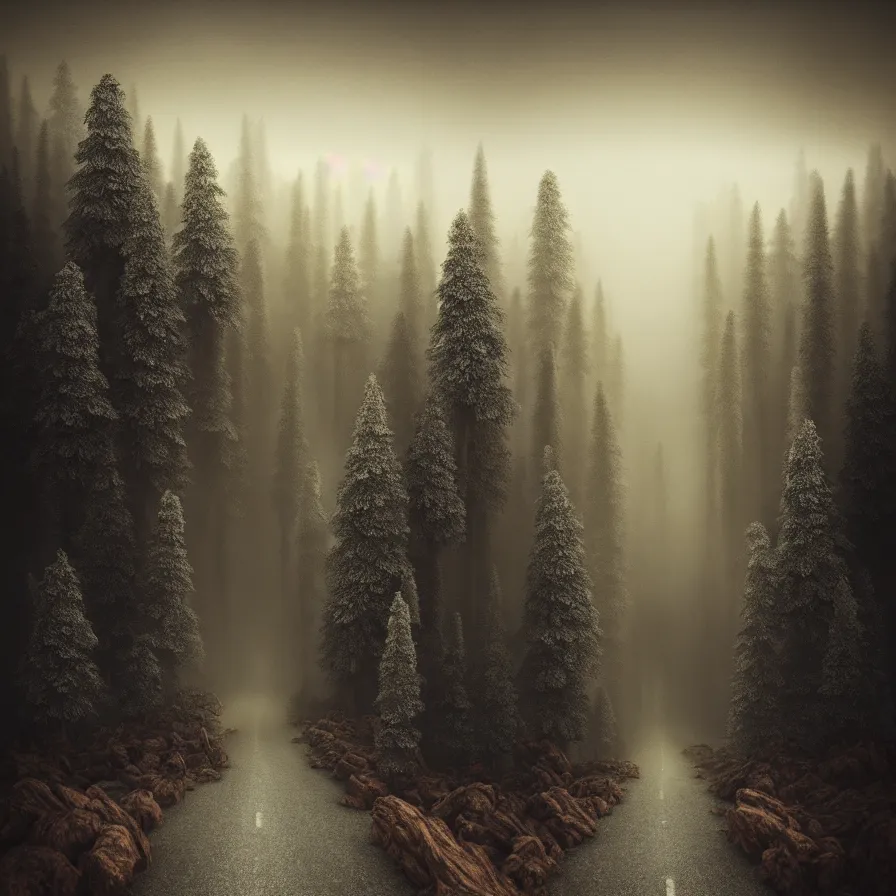 Prompt: symbolist atmospheric ink artwork of a road leading down the horizon through giant pine forests down a rocky mountain coast towards a majestic sunset. cloudy and foggy landscape, soft sepia tones, psychedelic, ultra realistic, concept art, modern art, photorealistic, octane render.