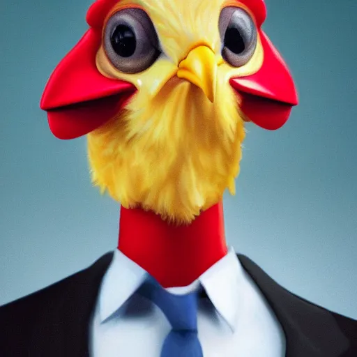 Image similar to a closeup portrait of an antropomorphic chicken wearing a suit, photorealistic