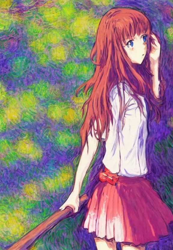 Prompt: wide angle painting of a teenage girl, a thrifty outfit, somewhat of an anime in impressionist style, fantasy forest background, trending artwork, illustrated in anime painter studio, by claude monet and an anime artist, collaboration