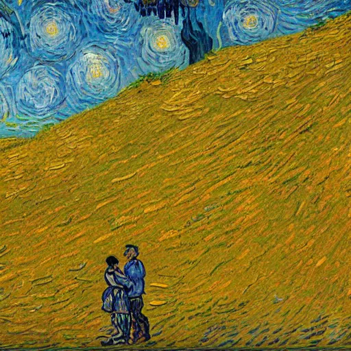 Image similar to A person meeting another person above a van Gogh style field while both person are surrounded by a colourfull wind around their chests, dream, 40nm lens, shallow depth of field, split lighting, 4k,