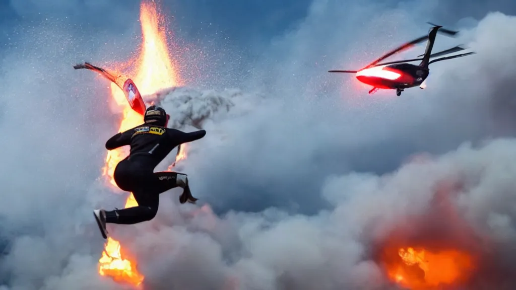 Image similar to person wearing a sponsored team jersey with logos jumping out of a helicopter with a surfboard into a volcano, action shot, dystopian, thick black smoke and fire, sharp focus