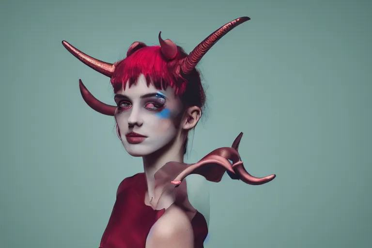 Prompt: pretty demon girl with horns photograph in the style of clemens ascher, colorful, realistic, 8 k