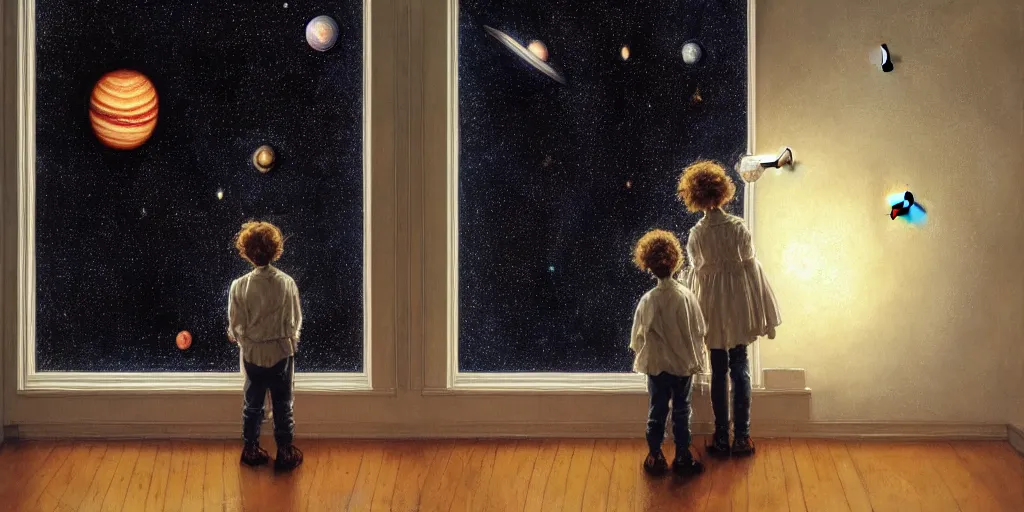 Prompt: one 5 year old boy and one 1 2 year old girl looking at the wall of their bedroom and seeing the universe full of galaxies and planets, imagination, part by norman rockwell, part by greg rutkowski, part by mattias adolfsson, high angle, ( ( ( ( volumetric lighting ) ) ) ), oil on canvas