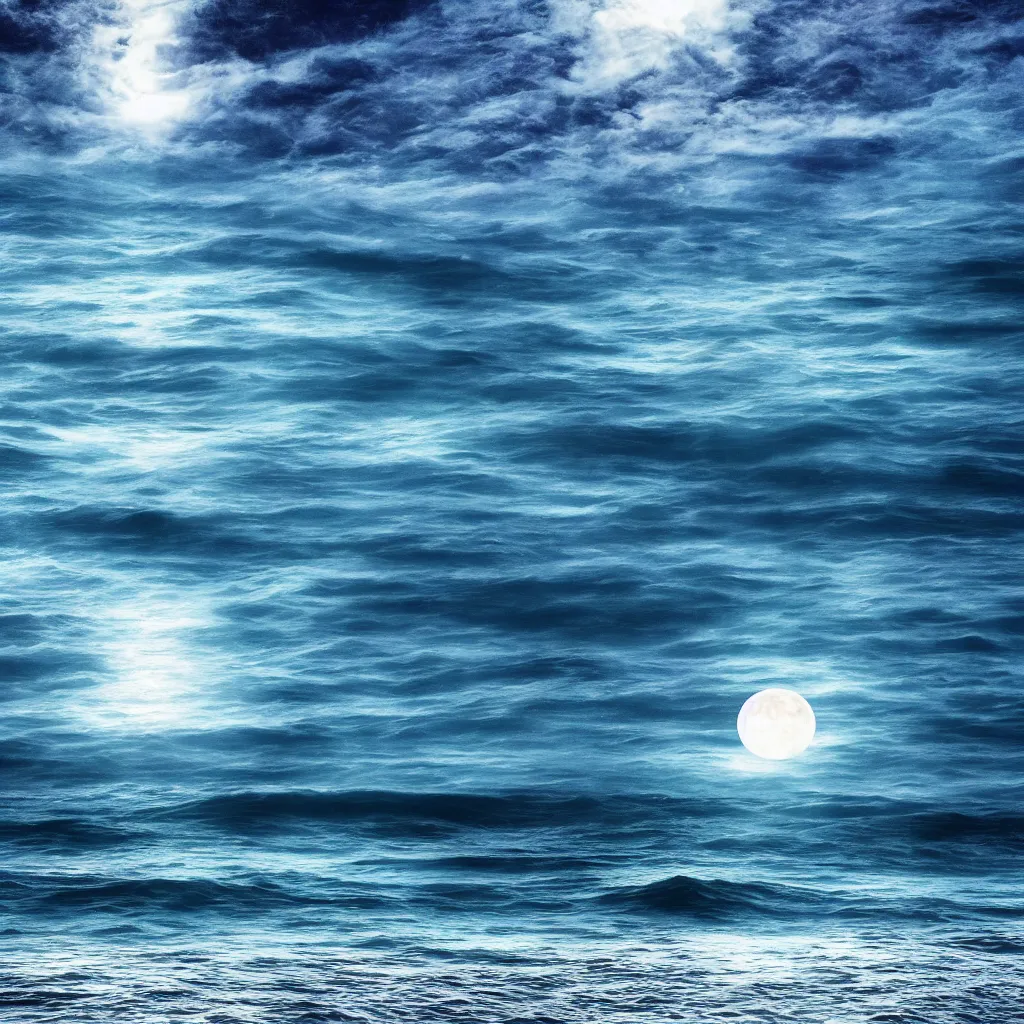 Prompt: photorealistic photograph of the ocean surface inside the sky highlighting the moon, vivid colors, moody, 4k