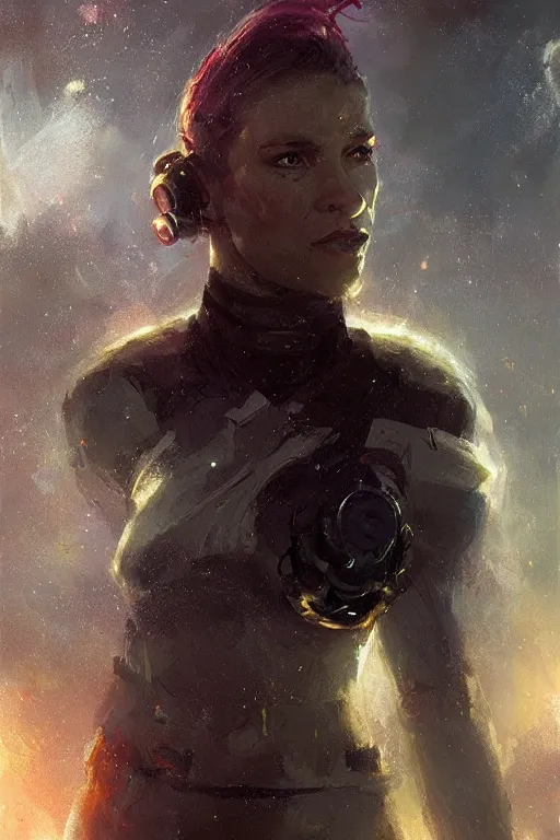 Image similar to A full portrait of a scifi heavy deep space freighter pilot, by Raymond Swanland Greg Rutkowski Lise Deharm, {perfect face}, {perfect eyes}, elegant regal posture