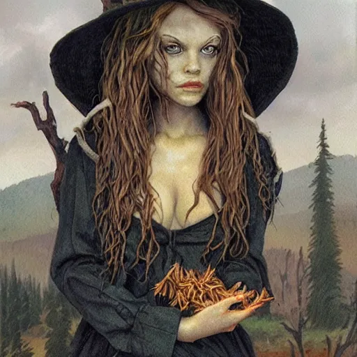 Image similar to a beautiful young cottagecore witch, highly detailed, masterpiece, illustrated, art by brom