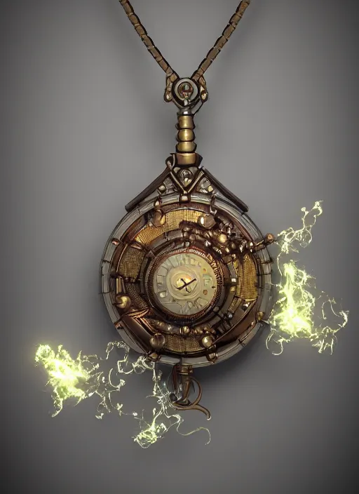 Image similar to amazing steampunk amulet with diamond jewel and small steam tubes, volumetric lightning, octane render, 4 k, hd, realistic reflections, extremely high detailed, trending on artstation