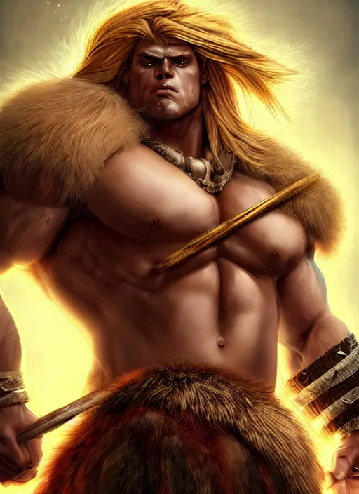 Image similar to barbarian, jackson wang, fierce, big muscles, large muscular chest, fur leather armor!!! handsome golden hair male!! character concept art, sharp focus, octane render! unreal engine 5! highly rendered!! trending on artstation!! detailed linework!! illustration by artgerm, wlop, and chie yoshii