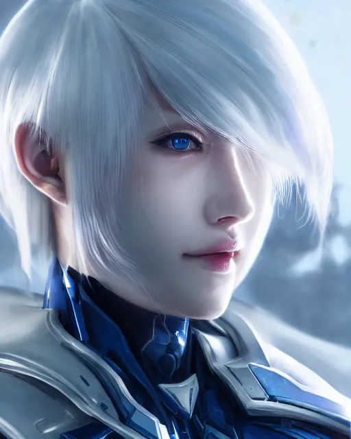 Image similar to perfect white haired girl, warframe armor, beautiful, dreamy, half asian, pretty face, blue eyes, detailed, sunny day, scifi platform, front lit, laboratory, experiment, 4 k, ultra realistic, epic lighting, cinematic, high detail, masterpiece, by masayoshi tanaka, akihiko yoshida, kazuya takahashi