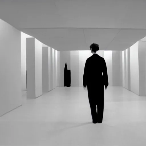 Prompt: a large cubic white room with no objects, no windows, no doors, 3 d perspective, still from movie by stanley kubrick