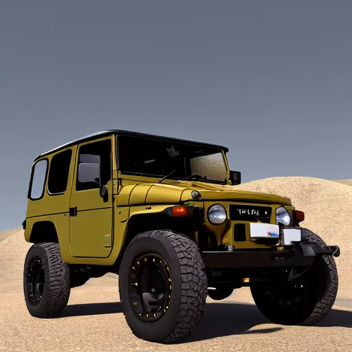 Prompt: in the style of Leonardo da Vinci a Toyota Fj43 build in 1981, black roof, with a roof rack, detailed, 8K, octane render, 8K,