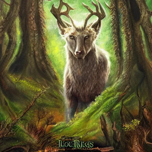 Prompt: A majestic forest creature is staring at the camera, very detailed, cinematic, epic painting in the style of Lord of the Rings