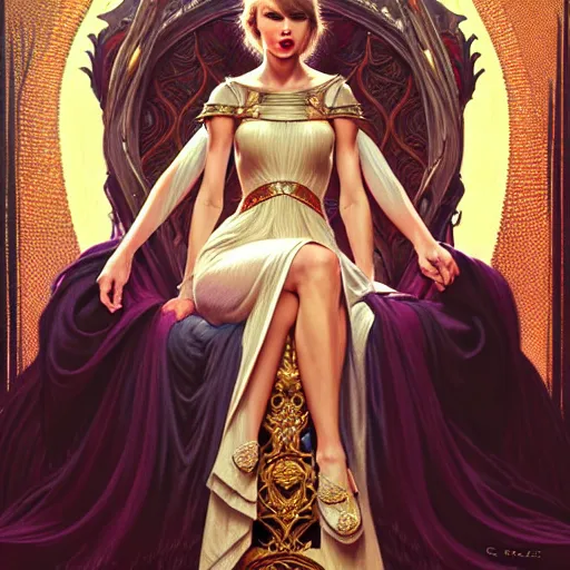 Image similar to Taylor Swift sitting on a majestic throne wearing a crown, D&D style, fantasy, intricate, elegant, highly detailed, digital painting, artstation, concept art, matte, sharp focus, illustration, art by Artgerm and Greg Rutkowski and Alphonse Mucha