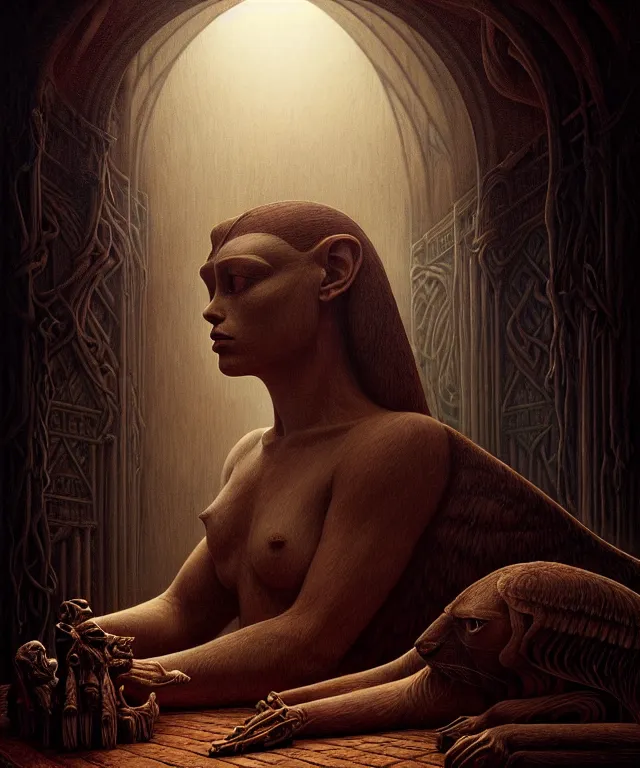 Image similar to epic professional digital art the riddle of the sphinx, horrific yet beautiful vibe, evocative, atmospheric lighting, painted, intricate, highly detailed, by leesha hannigan, wayne haag, reyna rochin, ignacio fernandez rios, mark ryden, iris van herpen, artstation, cgsociety, stunning, gorgeous, sharp focus, cinematic, masterpiece