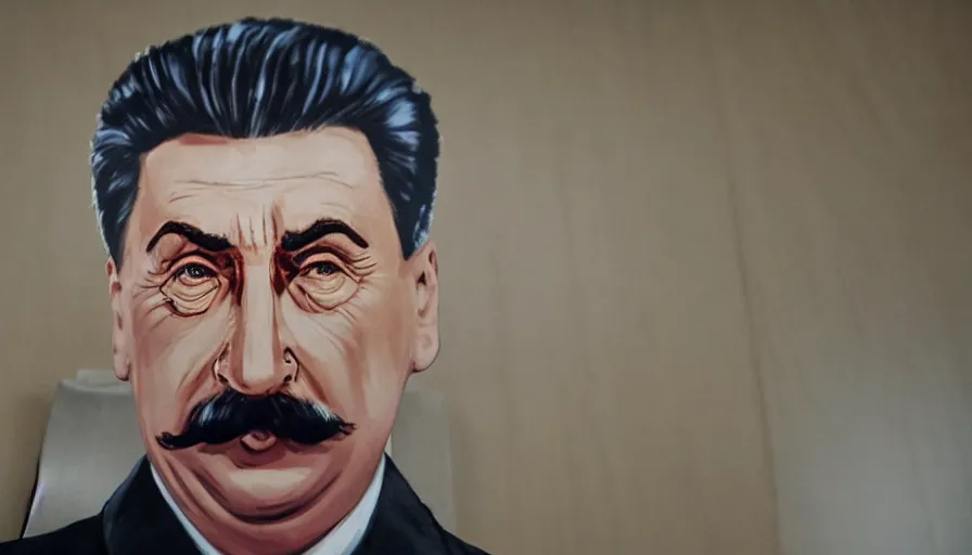 Prompt: hyper-realistic and anamorphic 2010s movie still close-up portrait of Josef Stalin, by Paolo Sorrentino, Leica SL2 50mm, beautiful color, high quality, high textured, detailed face