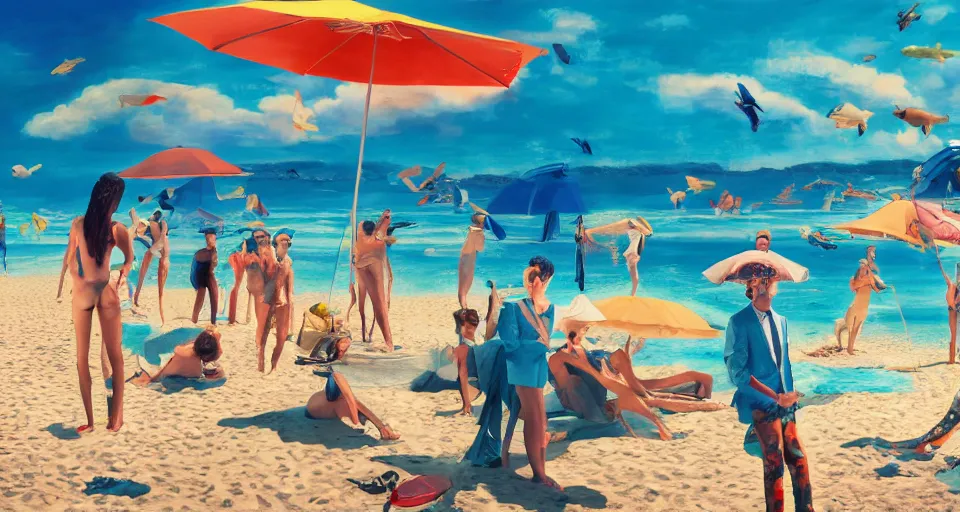 Prompt: a surreal painting by diego koi, titled'holiday at the beach ', all the people are wearing suits, photorealistic, octane render 8 k