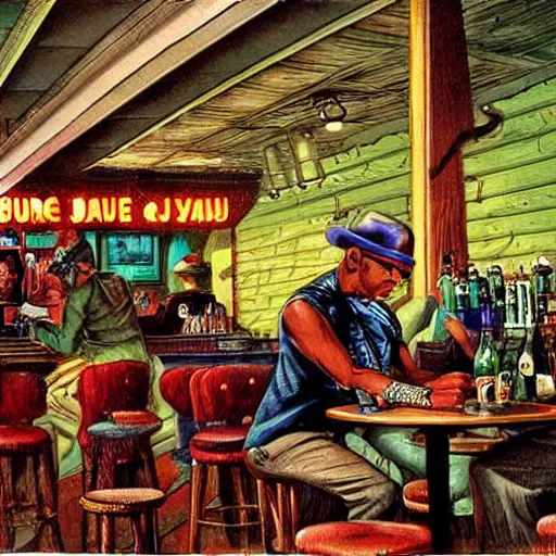 Image similar to louisiana bayou juke joint interior by ernie barnes