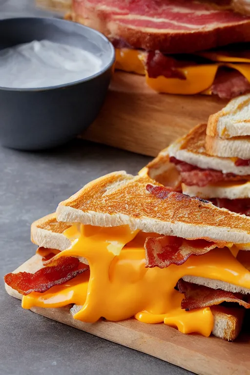 Image similar to building - sized bacon and cheddar sandwich