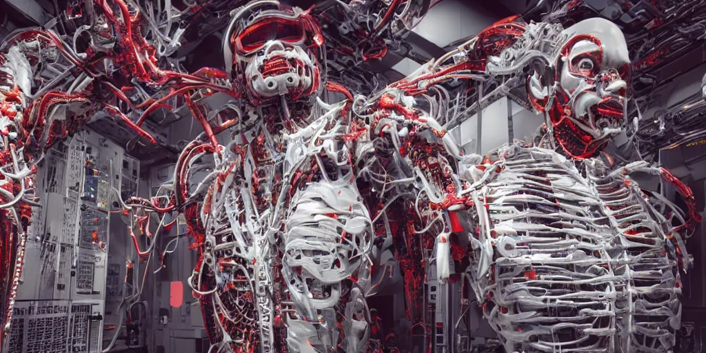 Image similar to cyborg in the data center, wired to the equipmen, red biomechanical details, wearing epic bionic cyborg implants, inflateble shapes, masterpiece, intricate, biopunk, highly detailed, artstation, concept art, cottage core, cinematic focus, polaroid photo, bleached, vintage, high - key lighting, soft lights, foggy, by tarkovsky, 8 k