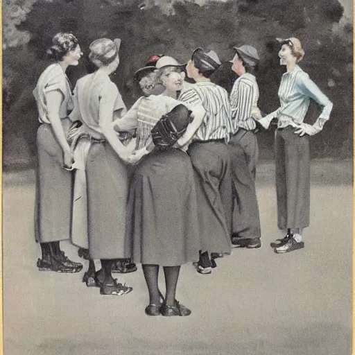 Prompt: 1946 baseball game, small town America, women in suits, women players, drawn by Norman Rockwell