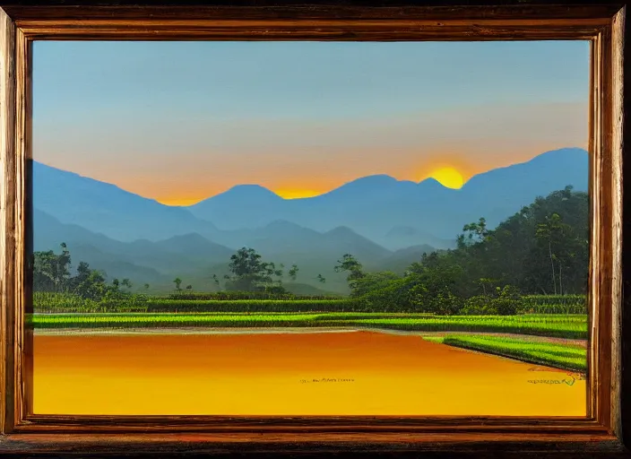 Image similar to painting of a road between rice paddy fields, two big mountains in the background, big yellow sun rising between 2 mountains, oil painting by basuki abdullah