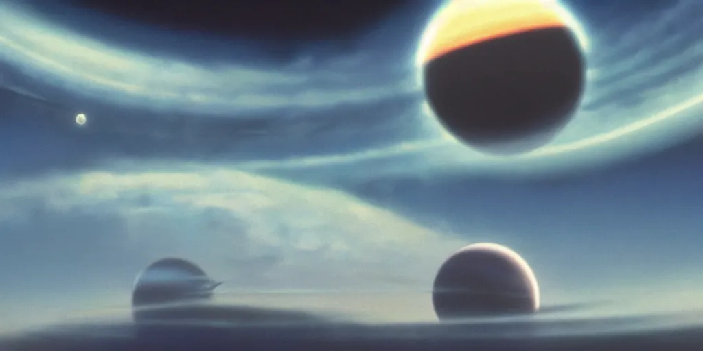 Image similar to blue dreamy cloudscape with a single planet in the clouds, ringed planet, daylight, cinematic lighting, cinematic perspective, syd mead, john harris, federico pelat,