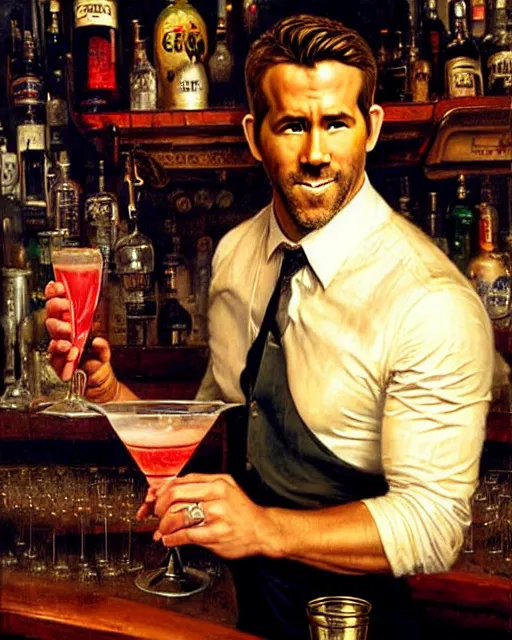 Prompt: ryan reynolds as a bartender wearing leather, mixing cocktails behind a bar painting by gaston bussiere, craig mullins, j. c. leyendecker, tom of finland