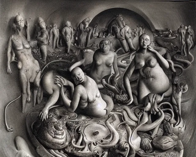 Image similar to a surreal landscape inhabited strange figures in the background that get larger in the forgeound by hans bellmer, salvador dali, rachel ruysch