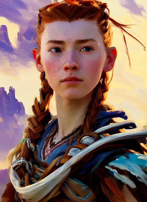 Prompt: portrait of a european Aloy from Horizon Zero Dawn in the style of League of Legends practicing, countryside, calm, fantasy character portrait, dynamic pose, above view, sunny day, thunder clouds in the sky, artwork by Jeremy Lipkin and Giuseppe Dangelico Pino and Michael Garmash and Rob Rey and Greg Manchess and Huang Guangjian, very coherent asymmetrical artwork, sharp edges, perfect face, simple form, 100mm