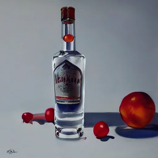 Image similar to a hyper-realistic studio still-life oil-painting of a-bottle-of-vodka; hyper-detailed; an extraordinary masterpiece!!!; flawless; trending on artstation