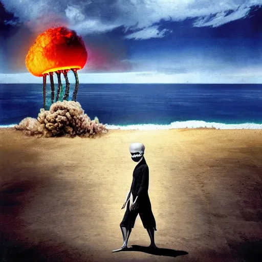 Image similar to a skeleton walking on a beach next to the ocean with nuclear bomb explosion in the background, a naturalism painting by Storm Thorgerson, featured on cg society, matte painting, realistic, chillwave, anatomically correct, light colors, photo-realistic huge mushroom-cloud, skull, hands