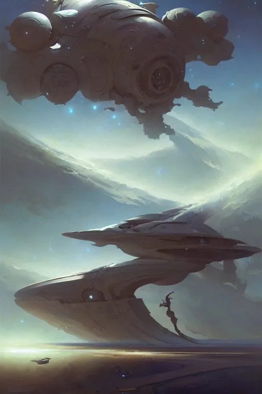 Prompt: hyoerbolic starship concept design by peter mohrbacher and craig mullins and hiroshi yoshida and james jean and frank frazetta and michael whelan and andreas rocha