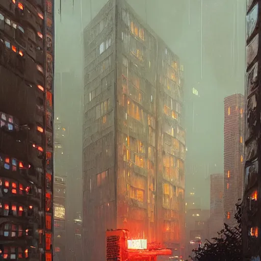 Image similar to highly detailed brutalist architecture city, with neon lights, while it's raining, stephen bliss, unreal engine, fantasy art by greg rutkowski, loish, rhads, ferdinand knab, makoto shinkai, ilya kuvshinov, rossdraws, global illumination, radiant light, detailed and intricate environment