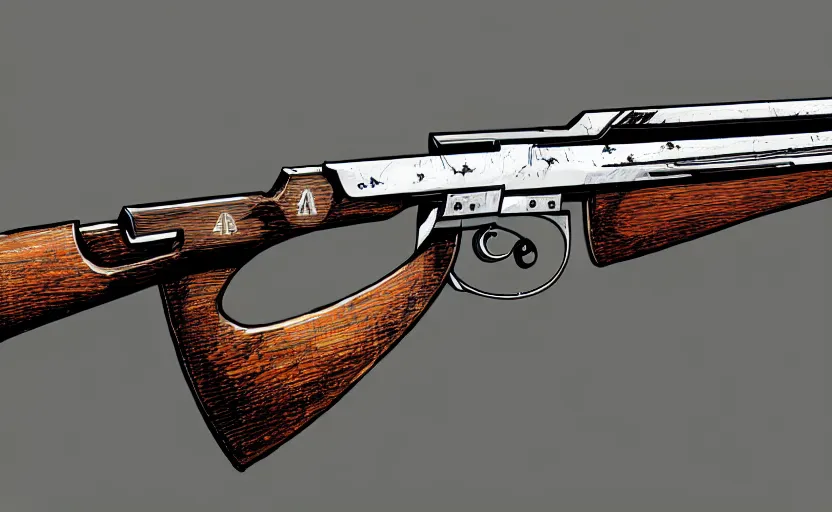 Prompt: Digital drawing of a muzzleloaded flintlock AK47 rifle from the site grabAgun, gunbroker, white background, firearms, professional gunsmithing, top down drawing, gun auction, 4k. high quality, concept art, art by Jean Giraud and Shirow Masamune, gun art reference, postapocalyptic