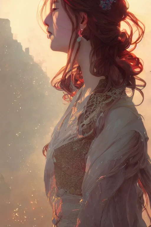 Prompt: portrait ayaka genshin, in ruined fantasy world Sunrise, ssci-fi, fantasy, intricate, very beautiful and elegant, highly detailed, digital painting, artstation, concept art, smooth and sharp focus, illustration, art by tian zi and WLOP and alphonse mucha