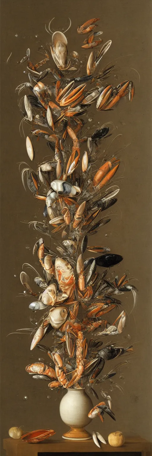 Prompt: A vase of seafood by Balthasar van der Ast