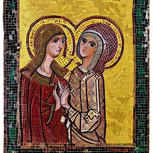 Prompt: intricate love story, byzantine mosaics art