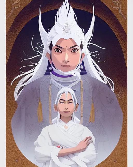 Prompt: himalayan woman, mage, with silver hair, detailed perfect face, exquisite details, fire magic, mid view, design on a white background, by studio muti, greg rutkowski makoto shinkai takashi takeuchi studio ghibli