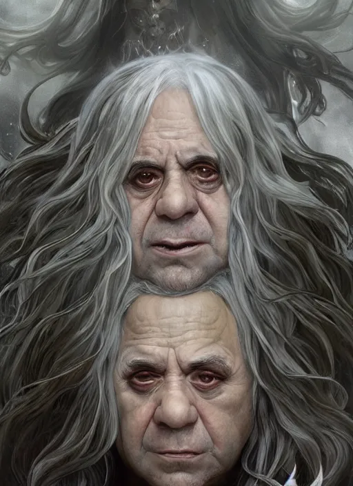 Prompt: Portrait of Danny DeVito, white glowing eyes, silver shaggy hair, cloak, ethereal wings, male, fantasy, extremely detailed, digital painting, artstation, concept art, smooth, sharp focus, illustration, stunning lighting, art by artgerm and greg rutkowski and alphonse mucha and simon stalenhag, realistic character concept, high fantasy, light atmosphere, golden ratio, cinematic lighting, hyperdetailed, high resolution, insanely detailed and intricate, artstation, Marc Simonetti, Greg Rutkowski, 8k