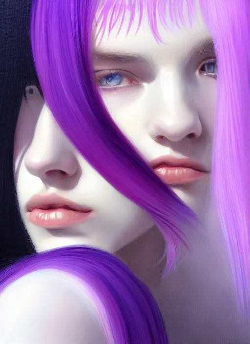 Image similar to hair whitebangs hair, black hair, whitebangs, portrait of teenage girl with white bangs, red irises, purple clothes, white bangs, bangs are different color from hair, intricate, elegant, glowing lights, highly detailed, digital painting, artstation, concept art, smooth, sharp focus, illustration, art by wlop, mars ravelo and greg rutkowski